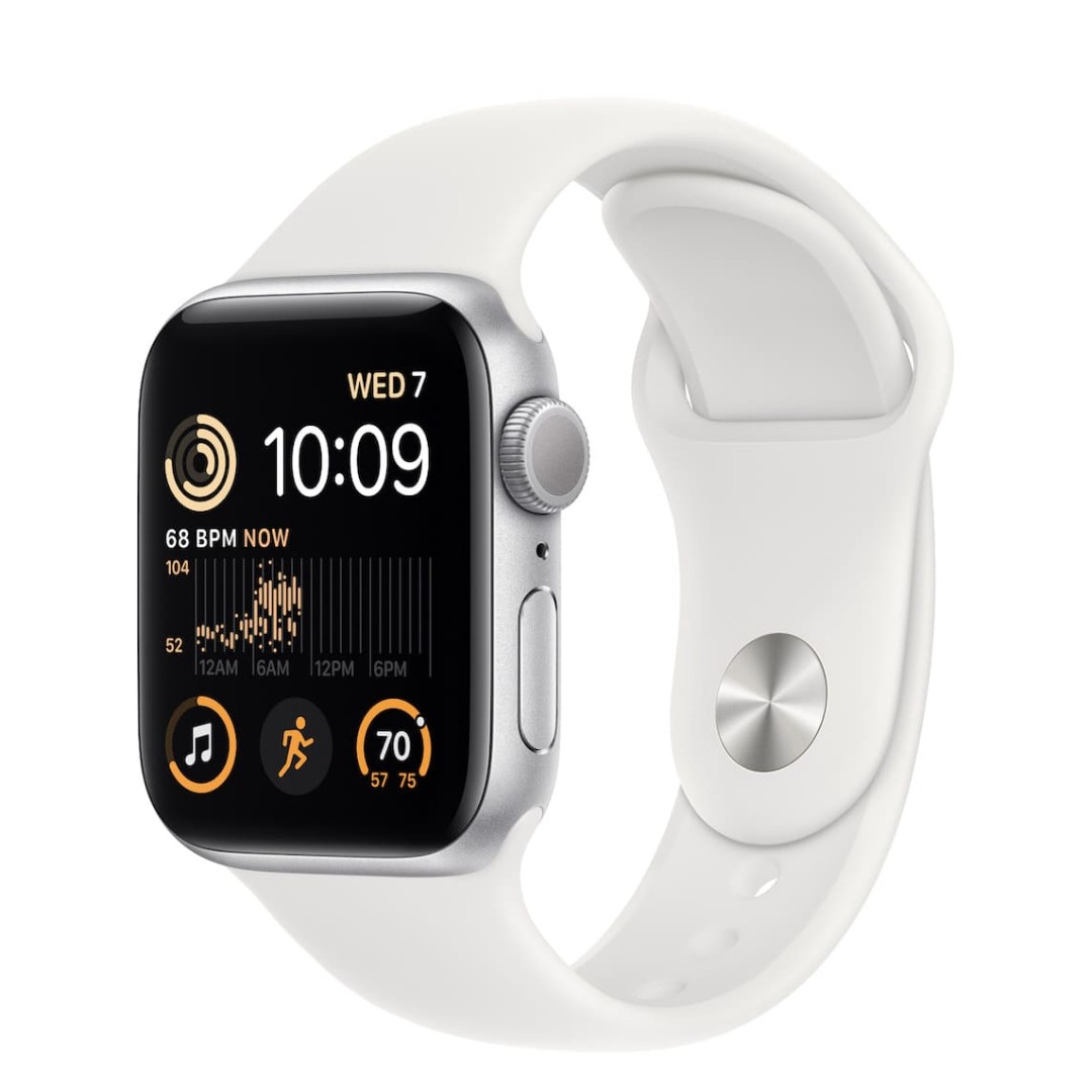 Apple Watch SE (2022) 44mm Корпус «серебро» спортивный ремешок белый картинка 1
