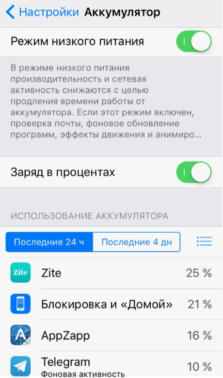 Режим низкого энергопотребления на iPhone